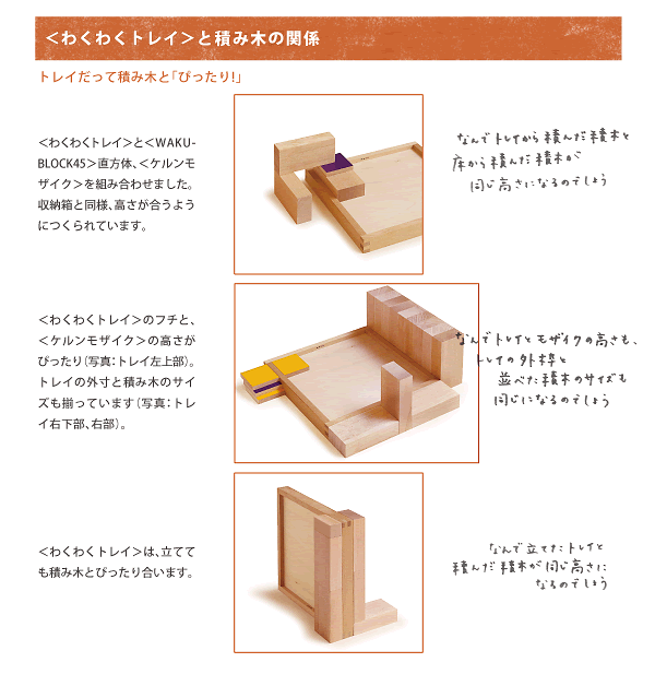 ＜わくわくトレイ＞と積み木の関係／トレイだって積み木と「ぴったり！」